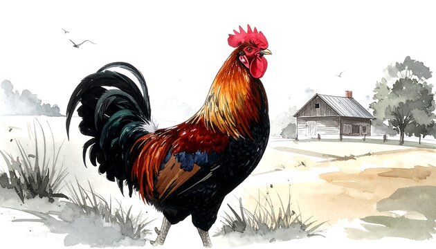 A colorful rooster struts through a watercolor field with a distant building