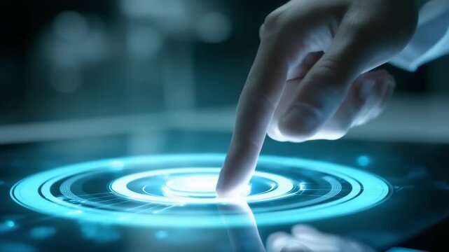 Person interacting with a futuristic touchscreen display
