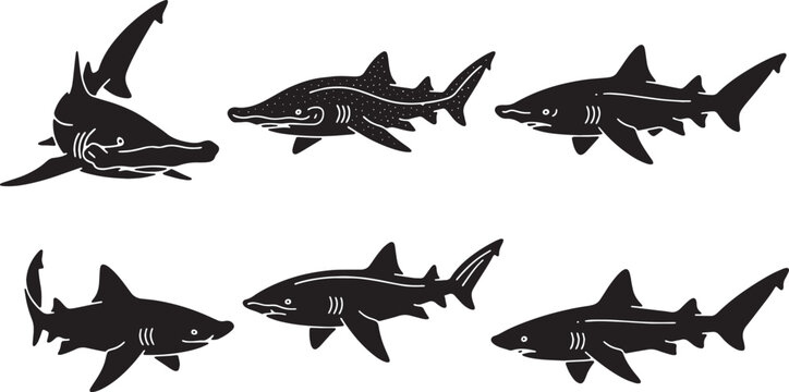Black Solid Ground Shark Silhouettes Set of Six on White Background