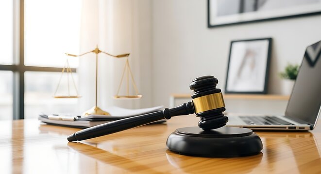 lawyer's desk with gavel and scales of justice