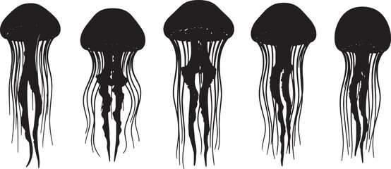 Black Solid Box Jellyfish Silhouettes Set of Six on White Background © Shakeel