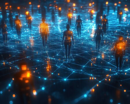 Glowing humanoid silhouettes walking on a luminous blue network grid with orange illuminated cores, futuristic connected and slightly eerie atmosphere
