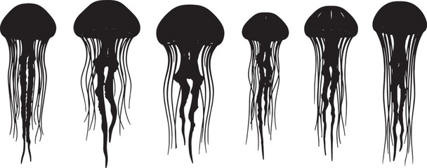 Black Solid Box Jellyfish Silhouettes Set of Six on White Background © Shakeel