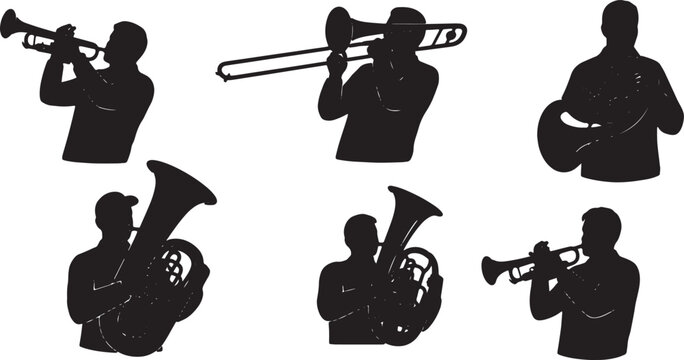Black Solid Brass Instrument Musicians Silhouettes Set of Six on White Background