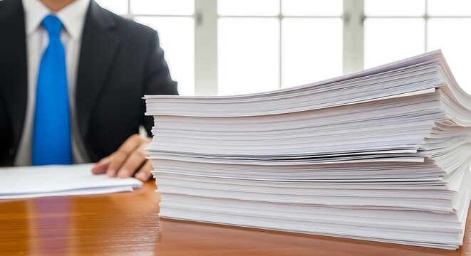 Businessman sitting at desk with large stack of paperwork