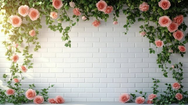 pink roses and green vines framing a white brick wall with soft sunlight, romantic serene floral backdrop