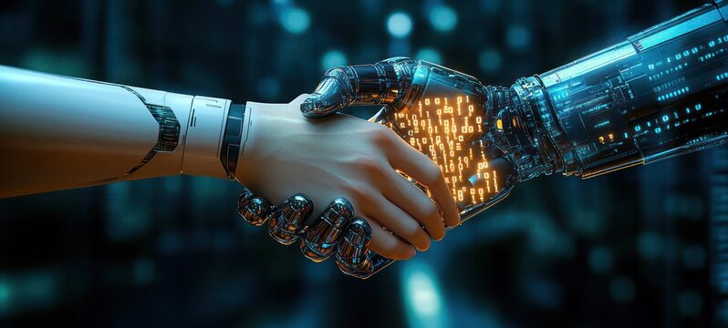 human-like prosthetic hand and illuminated robotic hand shaking with glowing circuitry and binary digits, conveying trustful partnership and futuristic technological connection