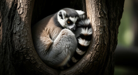 Fototapeta premium A ring-tailed lemur curled up and resting comfortably inside a hollow tree trunk in a shaded forest area