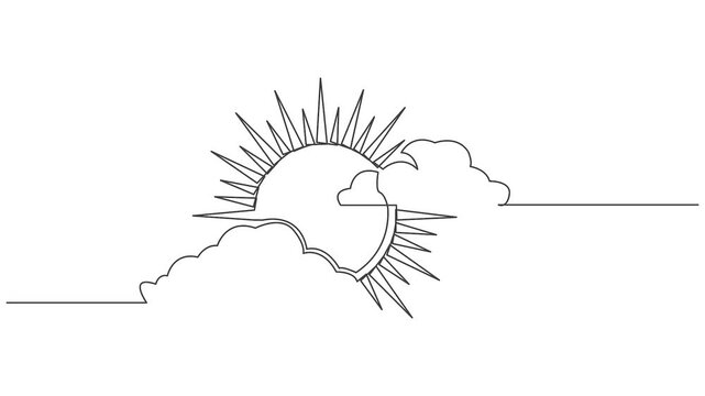 Continuous single line animation of sun with clouds representing sunny weather summer travel concept minimalist video