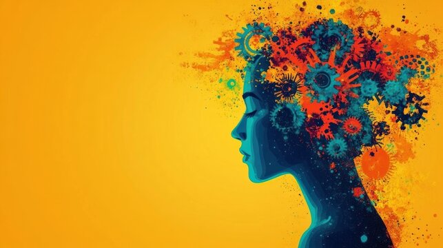 vibrant profile silhouette with colorful gears and paint splatter bursting from the head conveying creative energy and imaginative thinking
