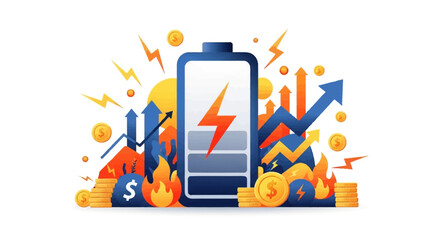 A vector illustration visually represents energy inflation with rising arrows, flames, and scattered coins around a battery icon, all set against a clean white background with a vibrant © RizqiArdi