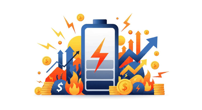 A vector illustration visually represents energy inflation with rising arrows, flames, and scattered coins around a battery icon, all set against a clean white background with a vibrant