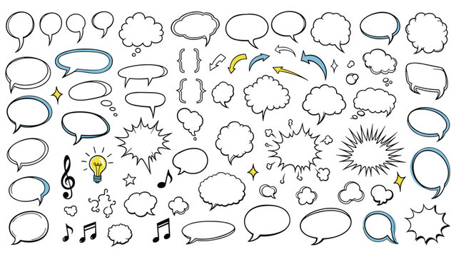 Extensive collection of hand-drawn speech bubbles thought clouds and icons for comics presentations and digital creative projects.