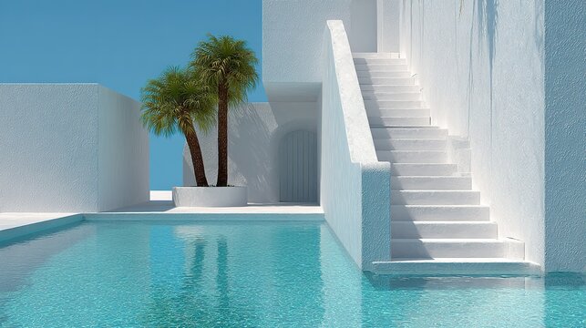 Dise&ntilde;o minimalista de piscina con reflejos cristalinos y elegante sombra de palmera proyectada sobre agua turquesa.
