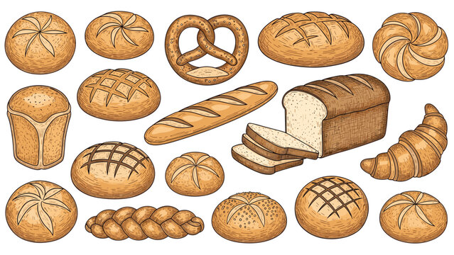 Large assorted bread collection with baguette pretzel croissant sourdough and sliced loaf for bakery or cafe menu.