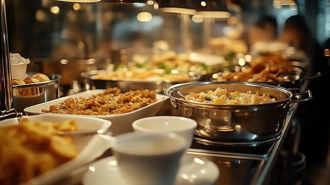inviting buffet spread of hot dishes in metal and ceramic pans with bowls and plates under warm lighting, appetizing communal dining atmosphere