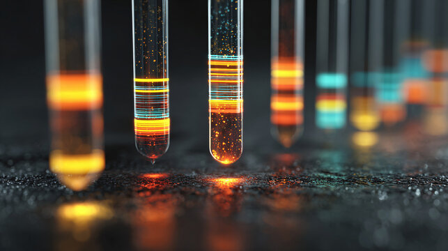 Laboratory test tubes with glowing liquid samples on reflective bench