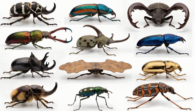 Exotic Tropical Beetles Entomology Collection Portrait Grid Twelve Specimens Goliath Jewel Titan Hercules Atlas Rainbow Stag Golden Scarab Harlequin Isolated On White Background Studio Photography