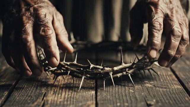 Close-up of aged hands holding a crown of thorns and a cross on a wooden surface with a somber mood.