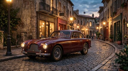 Naklejka premium Vintage Classic Car Retro Street Cinematic 3D Wallpaper