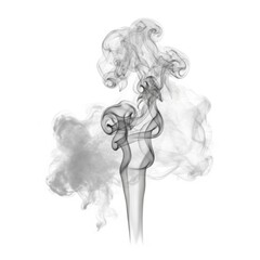 Fototapeta premium Wispy gray smoke plume rising against a solid white background