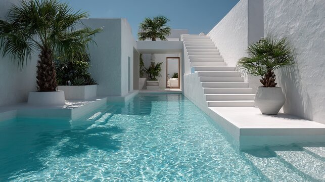 Dise&ntilde;o minimalista de piscina con reflejos cristalinos y elegante sombra de palmera proyectada sobre agua turquesa.