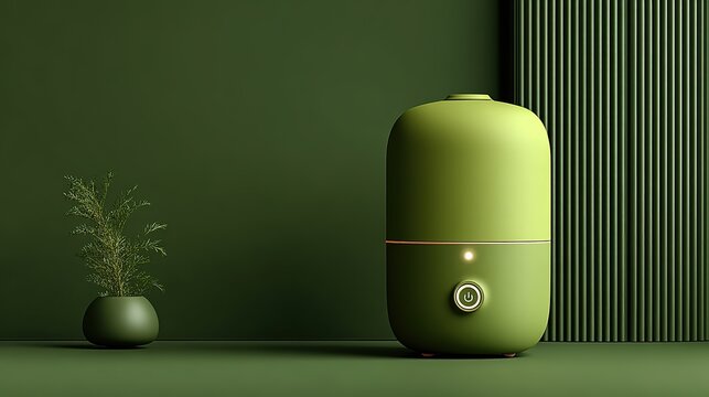 Dispensador cil&iacute;ndrico verde oliva con bot&oacute;n de encendido iluminado en dise&ntilde;o minimalista contempor&aacute;neo. 
