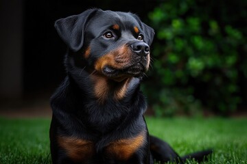 Fototapeta premium black and tan large dog lying on green lawn by leafy hedge, calm and attentive posture with shiny fur and folded ears