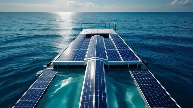 Solar Ocean Panels Extend Over Calm Sea Horizon.