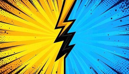 Dynamiczne żółto-niebieskie tło z piorunem w komiksowym stylu symbolizujące konfrontację i energię.