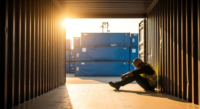 A lone worker sits in the opening of a shipping container at sunset, appearing dejected and contemplating their situation