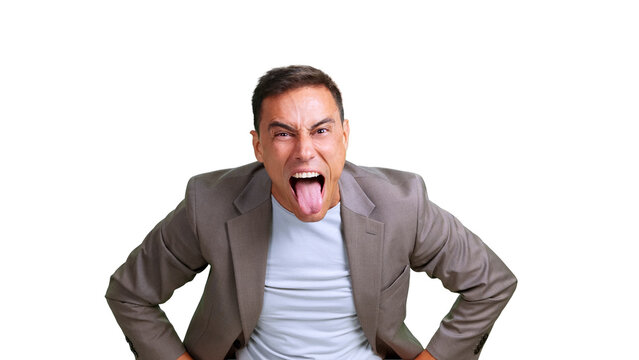 Man sticking out tongue making funny defiant expression