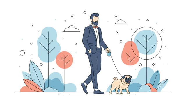 Elegant man in a tailored blue suit and bowtie walks his cute pug dog through a stylized park filled with colorful trees and shapes.