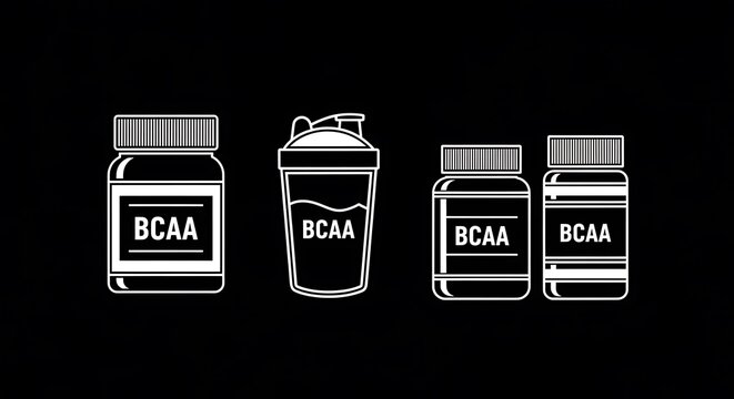 Monochrome illustration of supplements, a shaker, and supplement jars with "BCAA" labels on a black background