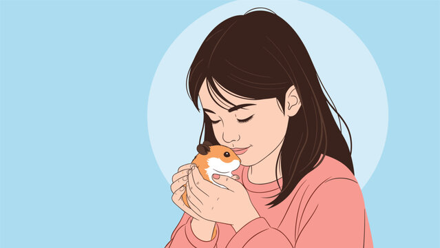 Gentle young girl with long dark hair holds a small pet hamster close to her face with a soft and loving expression.