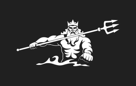 Poseidon Greek god, aiming trident attack, shadowed illustration, powerful mythological figure depicted in dynamic pose with raised trident, dramatic lighting and bold silhouette emphasizing strength,