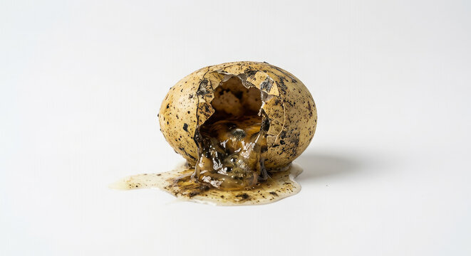 A close-up image of a rotten egg cracked open, with spoiled and leaking contents oozing out. The decayed texture and discoloration highlight concepts of food contamination, bacteria, hygiene issues
