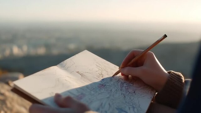 Person sketching a map at sunset on a mountain