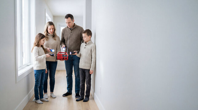 Family holding flashlights around emergency radio during home power outage showing household preparedness blackout safety crisis response togetherness resilience indoor shelter planning concept