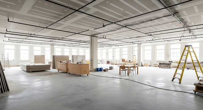 Interior of a large, unfinished commercial space with exposed ceilings and construction equipment, ready for renovation and customization