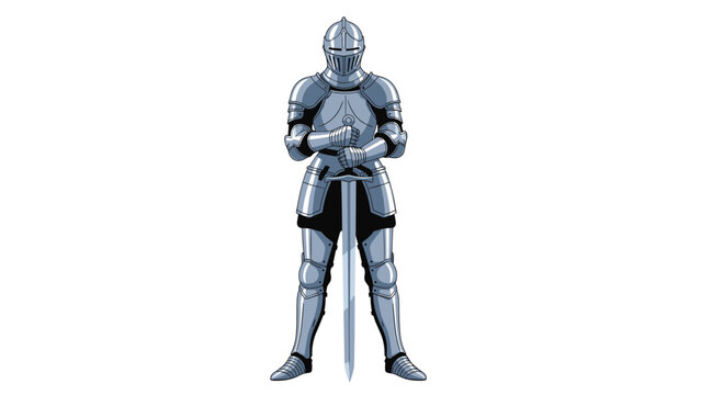 Brave knight clad in shining silver plate armor stands tall while holding a large longsword vertically in front of him against a white background.