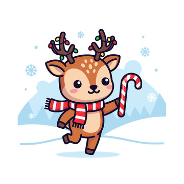 A cute cartoon reindeer wearing a red and white striped scarf and holding a candy cane, with Christmas lights on its antlers, standing in a snowy landscape.