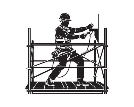 construction worker silhouette, worker on scaffolding vector, scaffolding worker silhouette, builder on scaffold vector illustration, construction site scaffolding silhouette, industrial worker on sca