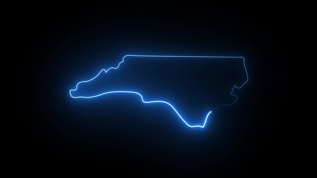 Glowing Blue Neon Border of North Carolina State Map, Looping Animation