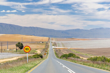 Naklejka premium Asphalt road in South Africa surrounded by fields