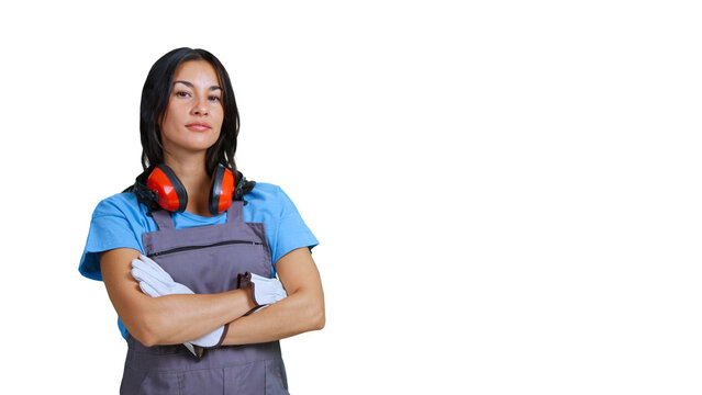 Female worker with personal protective equipment on transparent background