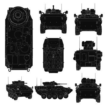 Stryker 8x8 Armored Vehicle Multi-Angle Silhouette Vector Set, Tactical Military Transport