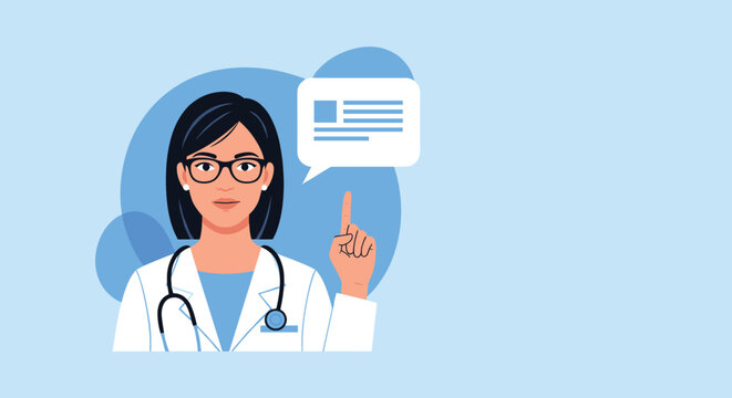 Professional female doctor with glasses and a stethoscope points her finger up toward a speech bubble containing medical health tips.