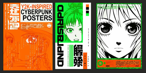 Naklejka premium Three vibrant cyberpunk anime posters with bold text and character portraits