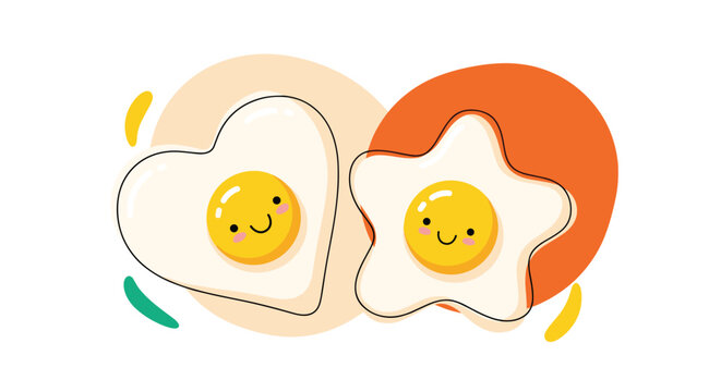 Two adorable fried eggs shaped like a heart and a star feature cute smiling faces and pink cheeks in a warm and playful food graphic.
